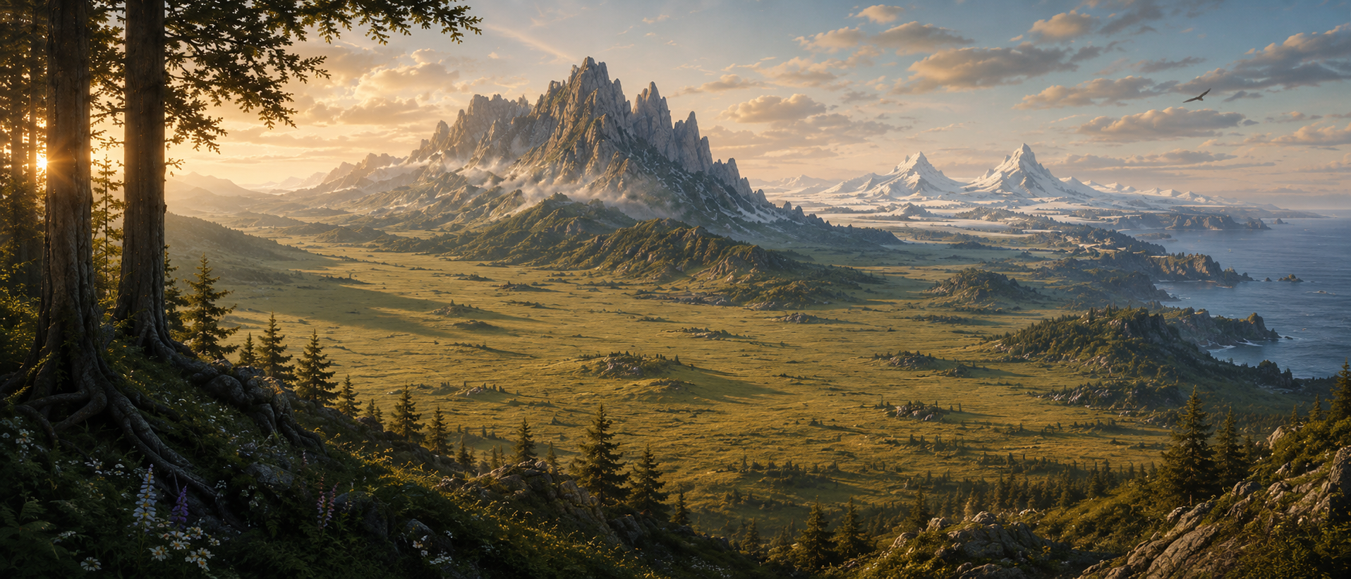 A painterly view of a lush, forested island at golden hour above a calm sea